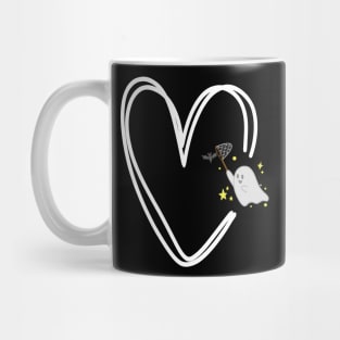 cute ghost catching a bat in a white heart Mug